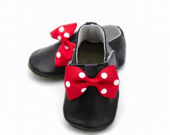 Mickey Mouse Baby Leather Shoes, Red Bow, Soft Sole