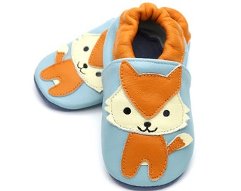 Blue Leather Fox Baby Slippers, Soft Sole Crib Shoes