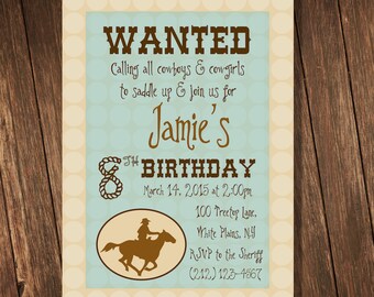 Cowboy Theme Birthday Party - Personalized 5x7 Invitation Printable