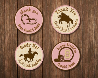 Cowgirl Theme Birthday Party - Personalized Thank you tags & Cupcake Toppers - Printable