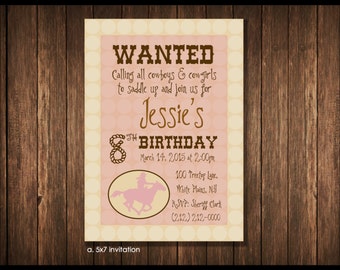 Cowgirl Theme Birthday Party - Personalized 5x7 Invitation Printable