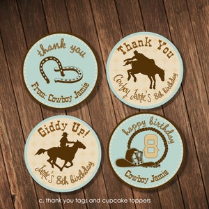 Cowboy Theme Birthday Party - Personalized Thank you tags & Cupcake Toppers - Printable