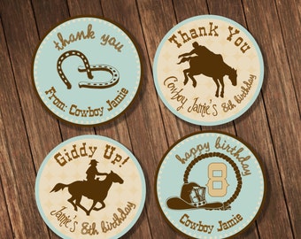 Cowboy Theme Birthday Party - Personalized Thank you tags & Cupcake Toppers - Printable