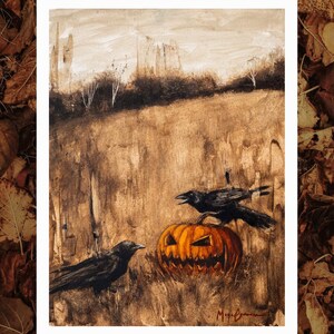 May include: An original painting depicting a Halloween scene. Two black crows are positioned near an orange carved pumpkin. The background features a field, trees, and a cloudy sky. The artwork is framed in white.