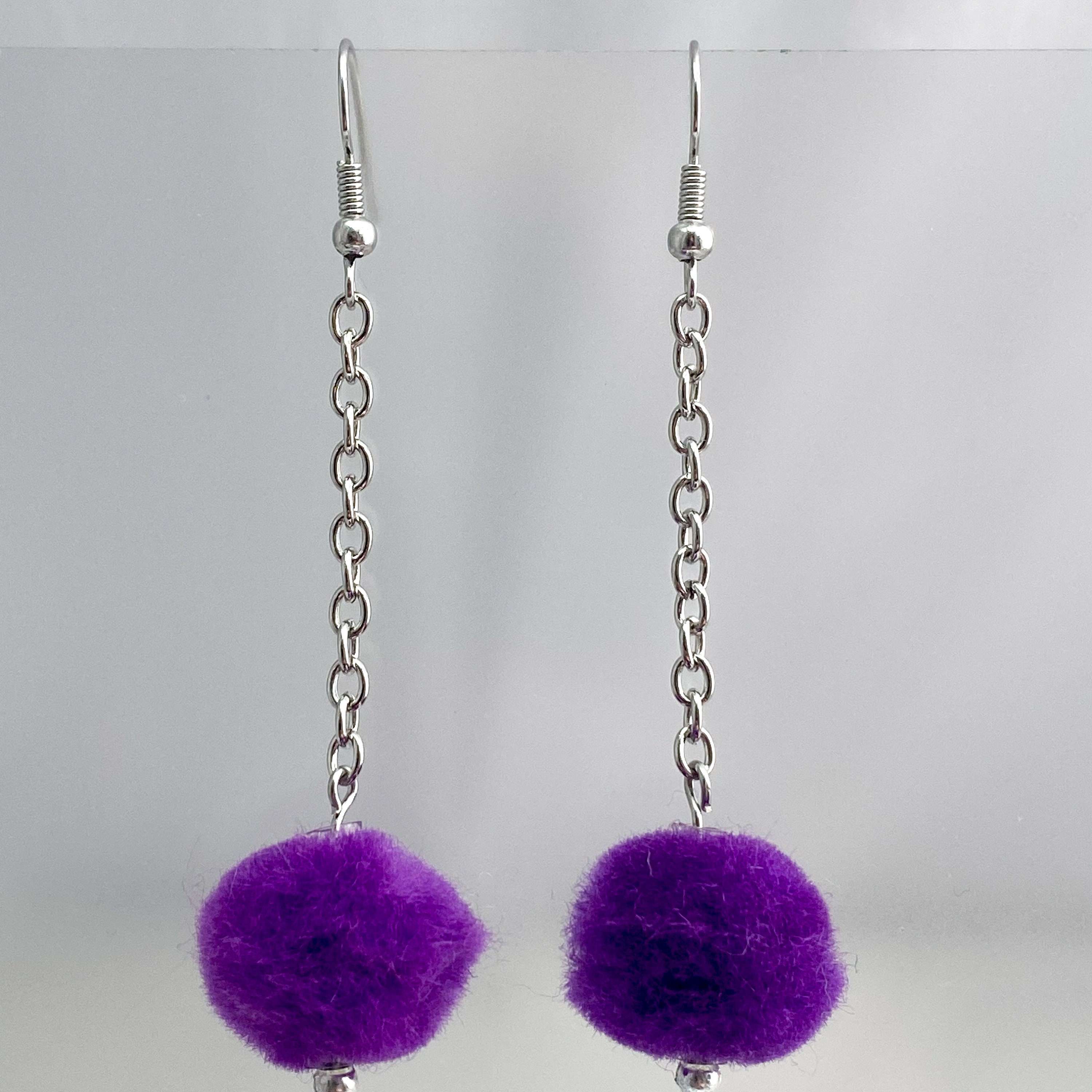 Purple Pom Pom Earrings Purple Fuzzy Ball Earrings Dangle Etsy