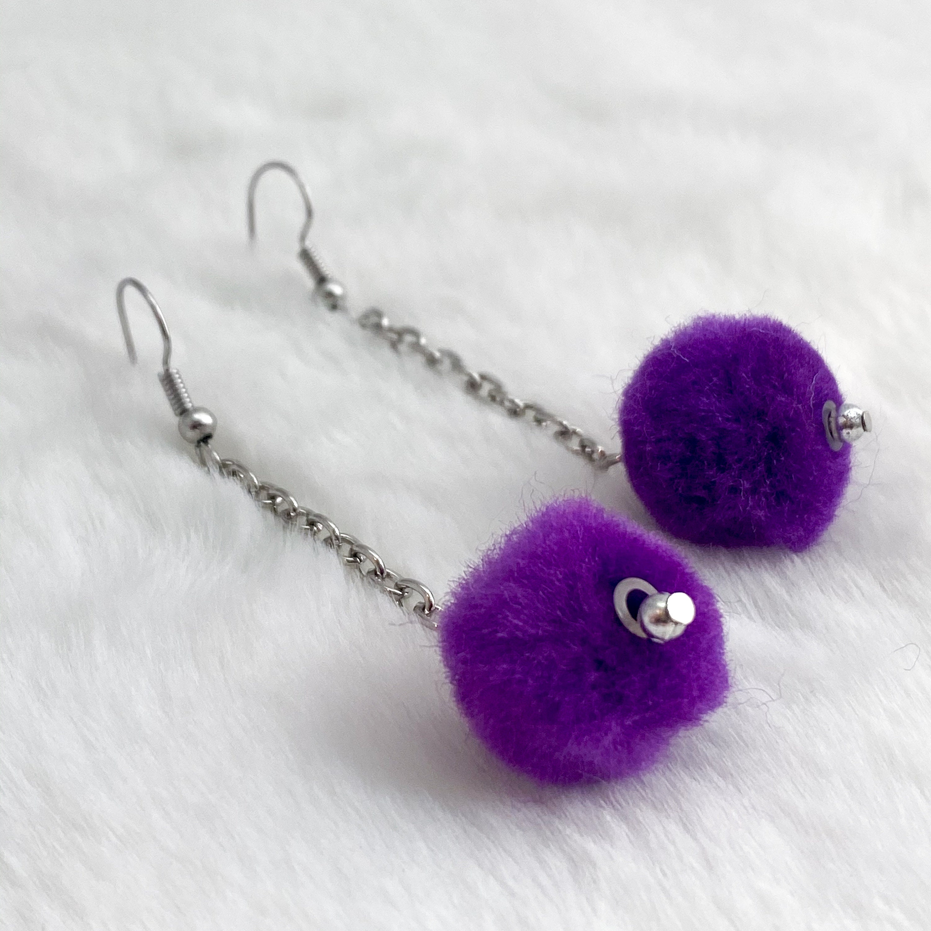 Purple Pom Pom Earrings Purple Fuzzy Ball Earrings Dangle Etsy