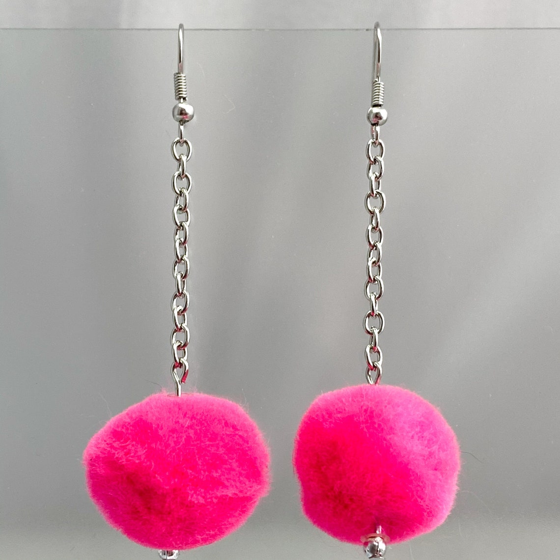 Hot Pink Fuzzy Ball Earrings Pink Puff Ball Earrings Dangle Etsy