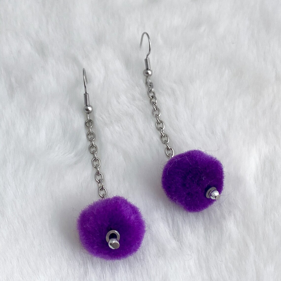 Purple Pom Pom Earrings Purple Fuzzy Ball Earrings Dangle Etsy