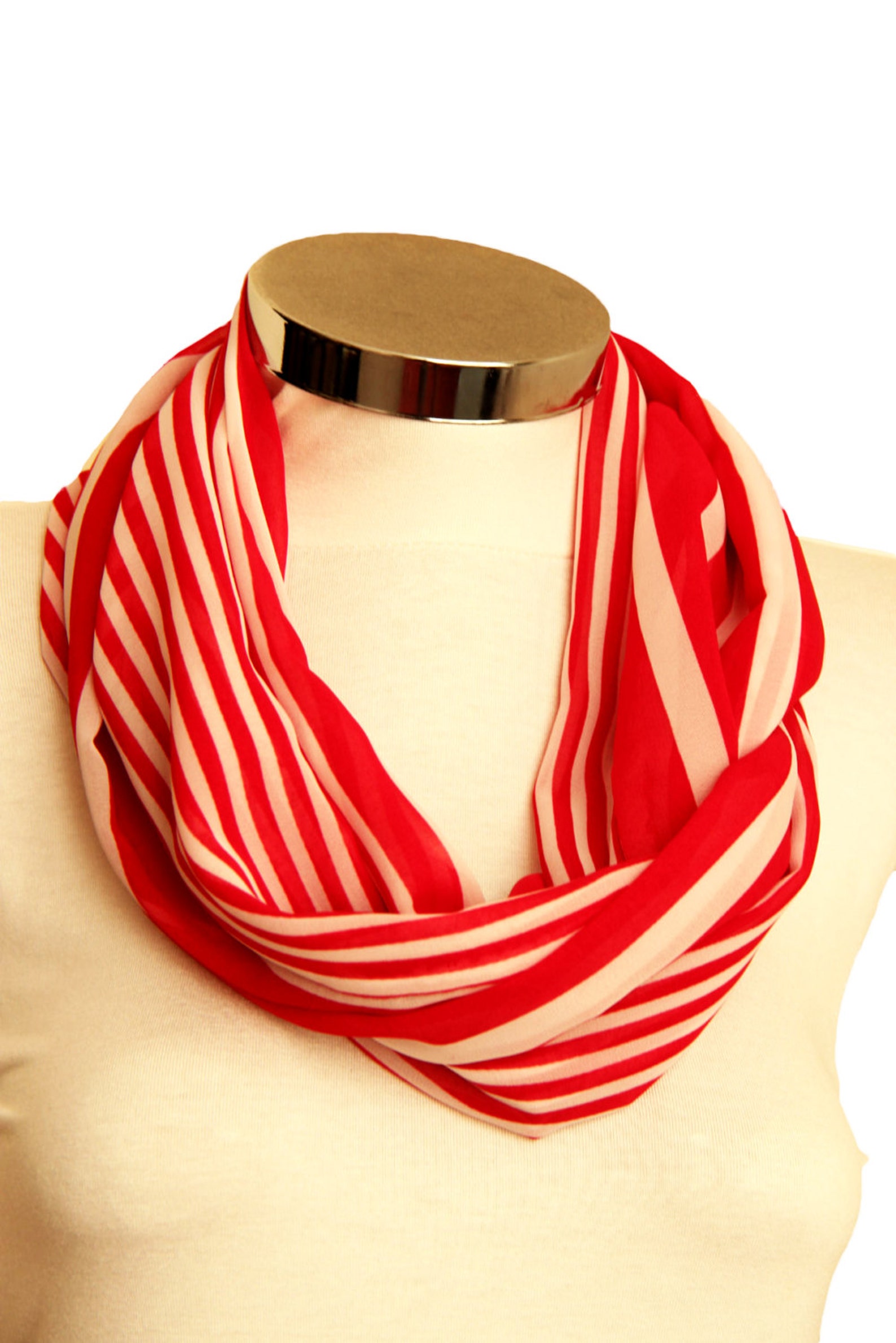 Red White Striped Infinity Scarf Chiffon Striped Scarf Spring Scarf