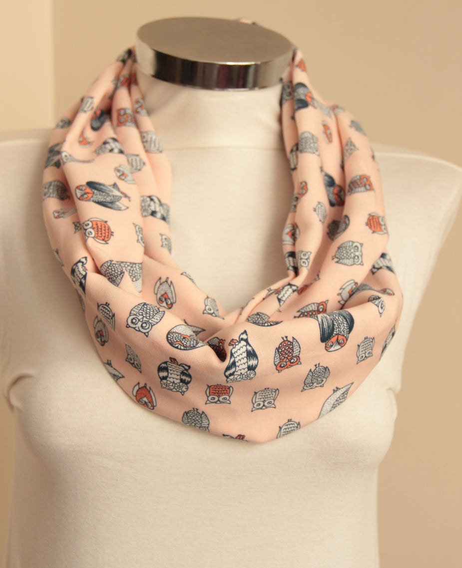 Very Elegant pink Owls infinity scarf, Tiny owls circle scarf, Halloween gifts, Christmas finds, Inf