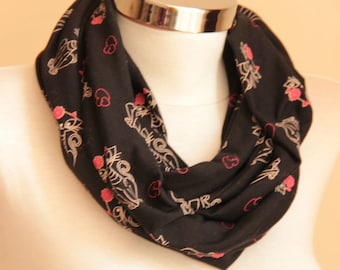 Cute Kitty Infinity Scarf, Little Cute Cats, Organic Cotton Scarf, Cat Design Scarf, Elastic Cotton Fabric, Fashion Cats Scarf, Little Heart