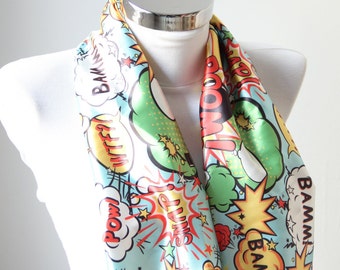 Boom Cartoon Design Scarf, Infinity Scarf, Magazine Scarf, Comic Magazine Print, Colorful Cartoon, Comic Book, Boom Cartoon Sateen Fabric