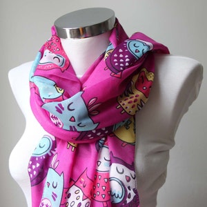 Little Owl Long Scarf, Little Owl, Organic Cotton Scarf, Owl Design Scarf, Cotton Fabric, Fashion Owl Scarf, Gift For Her, Christmas Gifts