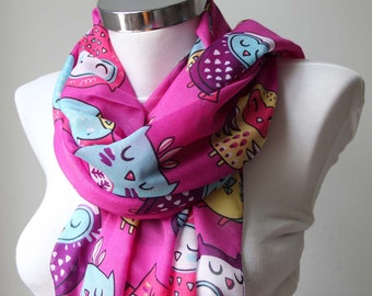 Little Owl Long Scarf, Little Owl, Organic Cotton Scarf, Owl Design Scarf, Cotton Fabric, Fashion Owl Scarf, Gift For Her, Christmas Gifts