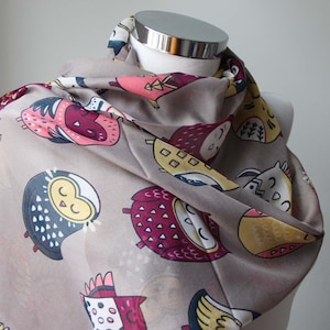 Little Owl Long Scarf, Little Owl Shawl, Organic Cotton Scarf, Owl Design Scarf, Cotton Fabric, Fashion Owl Scarf, Gift For Her, Christmas