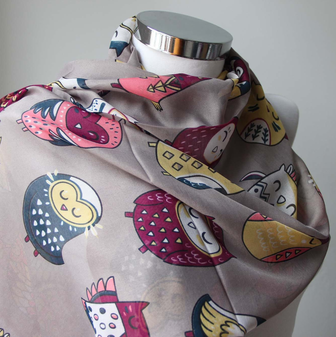 Owl Print Scarf: Organic Cotton Long Shawl