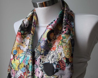 Infinity Scarf, Cartoon Design, Retro Design Scarf, Skull Pattern Neck Warmer, Sateen Fabric, Loop Scarf, Circle Neck Warmer, Cartoon Fabric