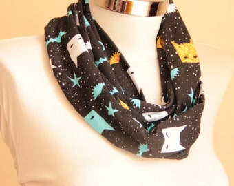 Cute Mask Pattern Infinity Scarf, Little Bat Design Scarf, Organic Cotton Scarf, Stars Design Elastic Cotton Fabric, Combing Neck Warmer