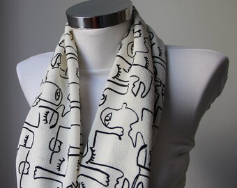 Infinity Scarf, Single Line Illustration, Single Line Art, Circle Scarf, Single Line Art Scarf, Women Gifts, Loop Scarf, Chiffon Fabric