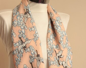 Stork Bird Infinity Scarf, Bird Design Scarf, Cloudy And Stork Bird Printing Fabric, Populer Crafting, Animal Printing, Bird Printing Scarf