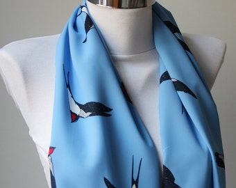 Swallow Bird Infinity Scarf, Swallow Bird Design, Infinity Scarf, Circle Scarf, Circle Neck Warmer, Polyamide Fabric, Gift For Her,