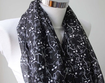 Long Scarf, Little Cute Cats, Black White, Organic Cotton Scarf, Cat Design Scarf, Cotton Fabric, Fashion Cats Scarf, Christmas Gifts, Women