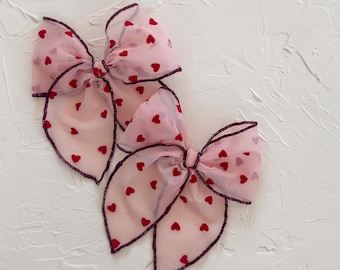 FEBRUARY || red velvet heart pink tulle hair bow, handmade for girls. festive romantic valentine bow.