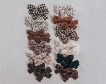 PIGGY SETS // mini Indy. handmade hair bows for girls, pigtails. neutral floral, plaid, solid linen.