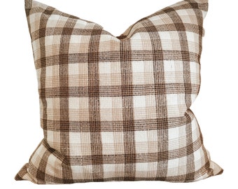 Pillow Cover // woven textile, cozy neutral, brown tan cream plaid.