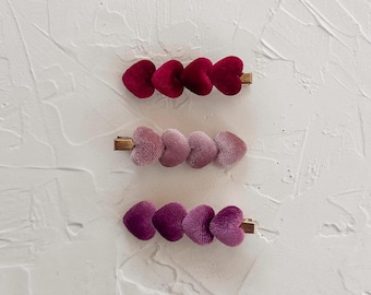 RUBY. clip set. || girly velvet hair clips for girls. festive romantic heart alligator clip.