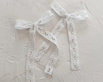 FOREVER || white embroidered heart eyelet hair bow, handmade for girls. sweet romantic valentine bow.