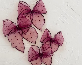 VALENTINA || burgundy chiffon, metallic dot, handmade for girls. festive romantic valentine bow.