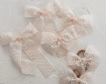 WHIRLWIND || embroidered lace hair bow, handmade for girls. blush cream romantic valentine bow.