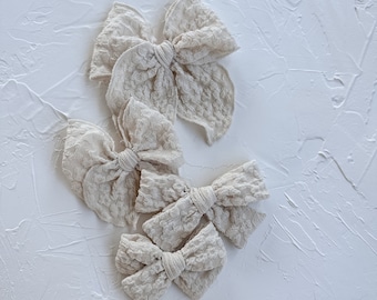 BLOOM || spring hair bow, handmade for girls. neutral tan embossed floral bow.