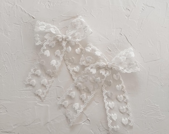 AMORE || oversized scalloped embroidered heart hair bow, handmade for girls. sweet romantic valentine bow.