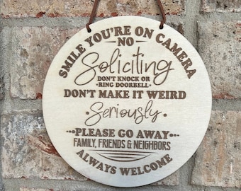 Laser Engraved No Soliciting Wood Door Sign, Smile You're on Camera
