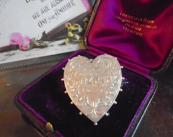 Antique Victorian Sterling Silver Large Mizpah Heart Brooch - c.1889 - Sydenham Brothers.