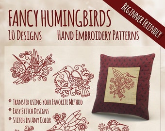 May include: Ten hand embroidery patterns featuring hummingbirds in a floral design. The patterns are beginner friendly and include four sizes of each design.