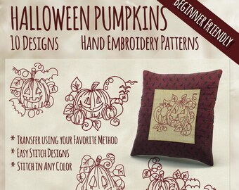 SALE Hand Embroidery Patterns Halloween Pumpkins in 4 Sizes PDF Instant Download 10 Designs Fall Spooky Jack o Lantern Autumn October