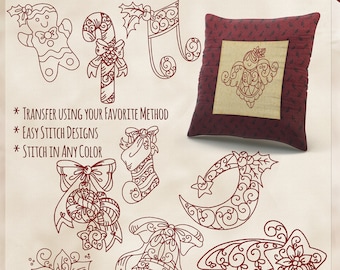 Puede incluir: Un conjunto de 10 diseños de bordado navideño con un hombre de jengibre, un bastón de caramelo, una nota musical, una media, un adorno, una luna creciente, una campana y una estrella. Los diseños están delineados en rojo y están disponibles en cuatro tamaños.