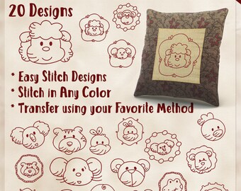 SALE Hand Embroidery Patterns Animal Faces Hand Embroidery Patterns in 4 Sizes PDF Instant Download 20 Designs for kids and babies