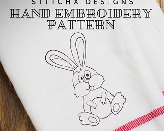 Hand Embroidery Pattern - Redwork Design - Cute Bunny Rabbit in 4 Sizes - PDF Instant Download - Good for Doodle Drawing