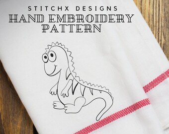 SALE Hand Embroidery Dino Baby Pattern Redwork Design in 4 Sizes PDF Instant Download