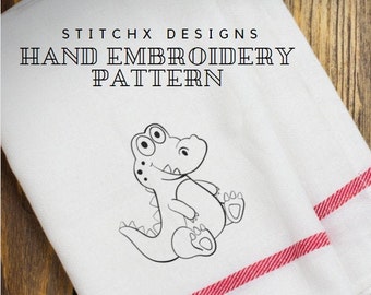 SALE Hand Embroidery Baby Gator Pattern Redwork Design in 4 Sizes PDF Instant Download