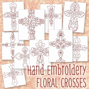 May include: Nine hand-stitched floral cross embroidery designs in red thread on white paper. The designs are arranged in a collage with the text "Hand Embroidery Floral Crosses" at the bottom.