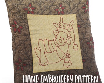 Hand Embroidery Pattern - Redwork Design - Christmas Reindeer in 4 Sizes - PDF Instant Download - Holiday Winter Good for Doodle Drawing