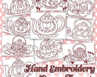 SALE Hand Embroidery Patterns Fancy Teapots in 4 Sizes PDF Instant Download 10 Designs Kitchen Tea Time Teapot