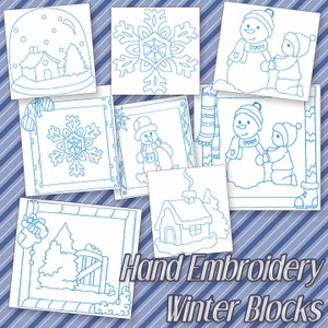 SALE Hand Embroidery Patterns Winter Blocks in 4 Sizes PDF Instant Download Snowman Snowflakes Snowglobe Quilt Square