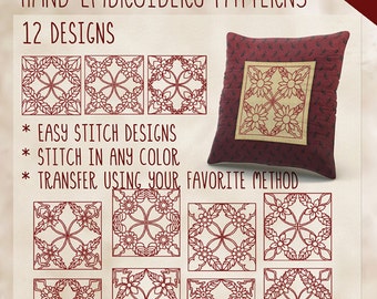 SALE Hand Embroidery Patterns Flower Squares Redwork in 4 Sizes PDF Instant Download 12 Designs Instant Download