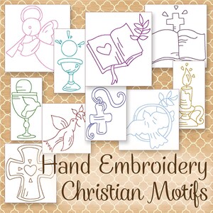 SALE Hand Embroidery Patterns Redwork Designs Christian Motifs, Dove, Bible, Angel, Cross and More in 4 Sizes PDF Instant Download